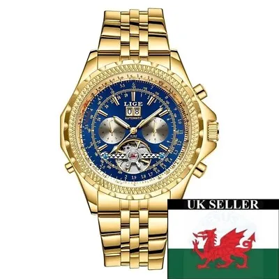 Large Automatic Blue Day Date Month Tourbillon Stainless Steel Bracelet Watch • £37.99