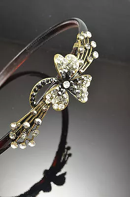 Antique Gold Flower DecorMetal Smoky Gray Color Black Crystal Hair Band Headband • $8.89