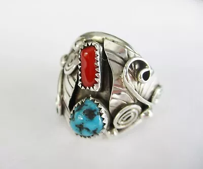 Size 10 1/2 Turquoise And Coral Stone Men's Ring Set In S.Silver Navajo Made R50 • $97