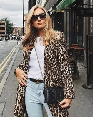 Zara Leopard Print Jacquard Double  Breast Longine Jacket Coat Blogger Size S • $39.99