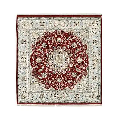 6'x6' Red Nain Flower Design 250 KPSI Pure Wool Hand Knotted Square Rug R64724 • $1205.10