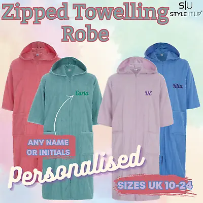 Personalised Ladies 100% Cotton Towelling Gown Womens Hooded Full Zip Bath Robe • £27.99