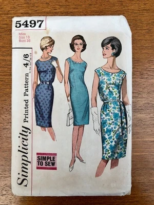 £3.99 • Buy VINTAGE 60s 1964 SIMPLICITY 5497 ONE PIECE SHIFT DRESS SEWING PATTERN BUST 38