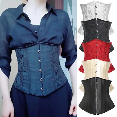 Steel Boned Women Lace Up Underbust Waist Cincher Corset Body Shaper Bustier Top • £8.99