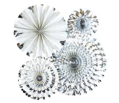 Silver Hanging Paper Fans Decoration Set For Weddings Or Birthday - Pinwheels • £9.63