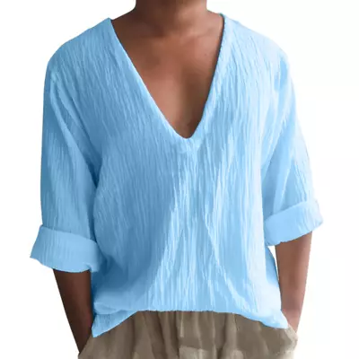 Mens V Neck Casual Solid Color Long Sleeve T Shirt Summer Loose Beach Shirts Top • $19.56