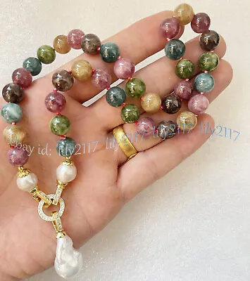 Multicolor Tourmaline Round Gemstone White Keshi Baroque Pearl Pendant Necklace • $19.88