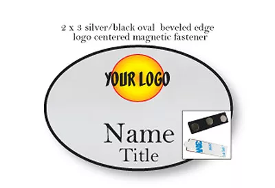 1 Oval Silver Name Badge Full Color Logo 2 Lines Of Print  Magnetic Fastener • $12.99