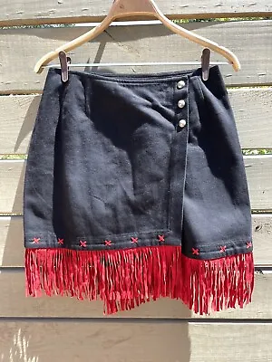 Vintage Western Faux Red Leather Fringe Wrap Skirt Black Denim  SZ 10 • $19