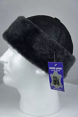 Black /Gray Sheepskin Shearling Leather Fur Beanie Round Bucket Hat Winter S-3XL • $25