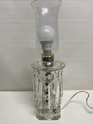 Vintage Hurricane Crystal Boudoir Lamp With Prisms & Etched Glass Shade WORKS • $25.99
