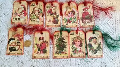 10~Christmas~Vintage~VTG~Kids~Santa~Fussy Cut~Linen Cardstock~Gift~Hang~Tags • $10