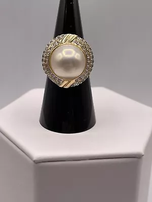 14k Gold 585 Mabe Pearl And Diamond Ring Size 6.5  Christmas Gift • $795