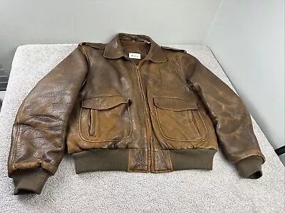 VINTAGE Adam Spencer Brown Leather Bomber Jacket Size 44 XL Distressed Patina • $99.95