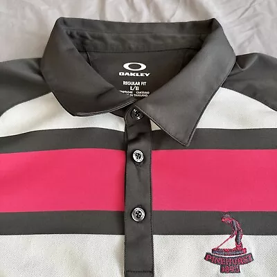 Oakley Golf Polo Pinehurst Logo Loud Pink Gray Stripe Large Performance Stretch • $49.99