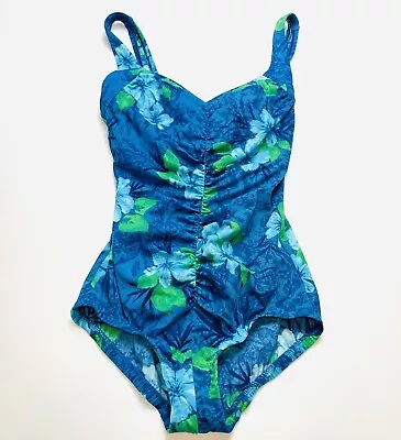 Maxine Of Hollywood Swimsuit Womens 10 Blue Floral One Piece Slimming Ruched • $24.99