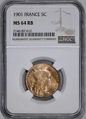1901 France 5 Centimes NGC MS 64 RB Looks Red • $199