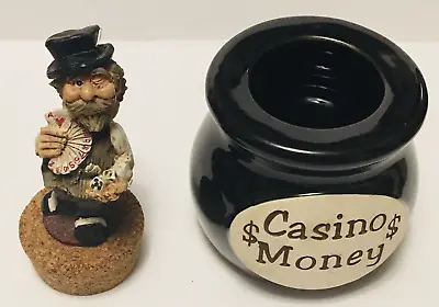 VTG $ Casino Money $ Bank Jar Cards Man With Mustache And Hat On Cork Stopper • $14.95