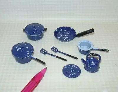 Miniature Blue Metal Spatter-ware Pots Pans Utensils: DOLLHOUSE 1:12 • $5.49