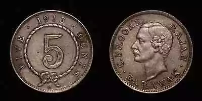 SARAWAK 1913 Five 5 Cents - Charles V. Brooke Rajah Silver Coin - KM# 8 • $16.50