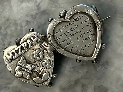 Antique Mizpah Solid Silver Brooch Pin Hallmarked Hearts • £55