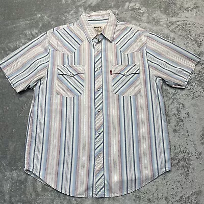 Vintage Levis Western Shirt Mens Large Red White Blue Pin Stripe Pearl Snap Flaw • $12.93