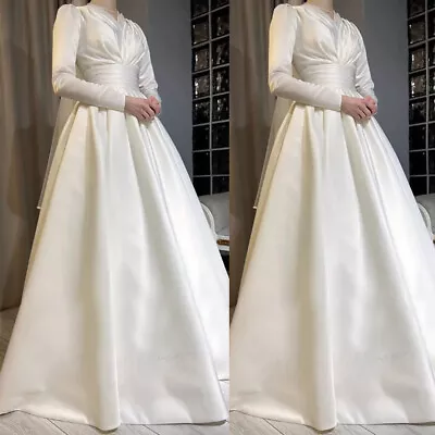 Elegant White Satin A Line Wedding Dresses Long Sleeve Dubai Muslim Bride Gowns • $143.99