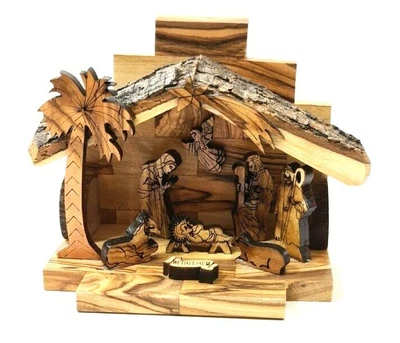 $72.94 • Buy Bethlehem Laser Peel Cave Olive Wood Christmas Figure Hand Carved Holy Land Gift
