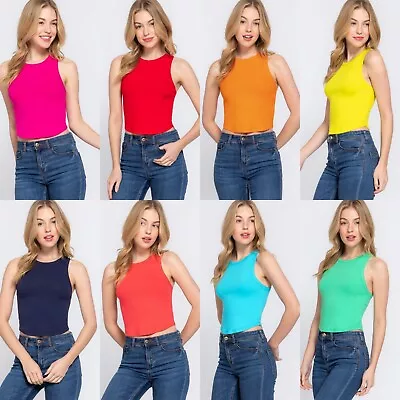 Women's Round Neck Ribbed Knit Crop Top Racerback Rayon Cropped Tank • $8.45