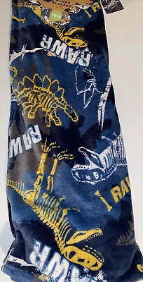 TWIN Dinosaur ROAR Pterodactyl T-Rex Skeletons Plush Blanket Blue Boy Gift 60x90 • $24