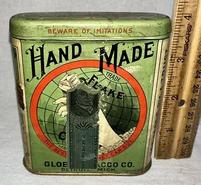 Antique Hand Made Flake Tobacco Tin Litho Vertical Pocket Can Detroit Mi Globe • $84