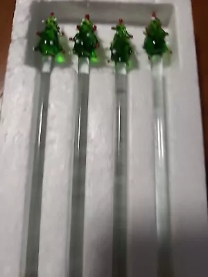 Vintage Glass Christmas Tree 6  Drink Stirrers Swizzle Sticks Set Of 4 • $15
