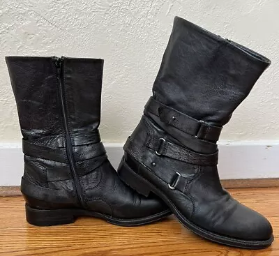 Vera Wang Lavender Black Leather Buckle Boots Size 6.5 M • $49