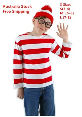 Kids Wenda Waldo Wheres Wally Costume Boys Book Week Shirt Glasses Hat 3 Sizes • $19.89