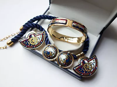 Rare MICHAELA FREY WILLE Set Nautical Pattern Bangle Necklace Clips Brooch NEW • $1300