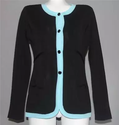 MISOOK Black W/Blue Trim Button-Front Finely Knit Acrylic 2-Pkt Cardigan Wm's XS • $37.99