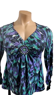 ECI New York Women's Blouse Pullover Stretch Cinched Beaded Front Size M #V6 • $7.79