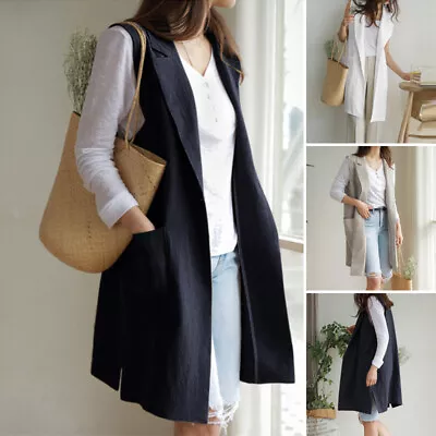 UK Womens Long Vest Sleeveless Single Button Lapel Formal Suit Coat Tops Blouse • £15.10