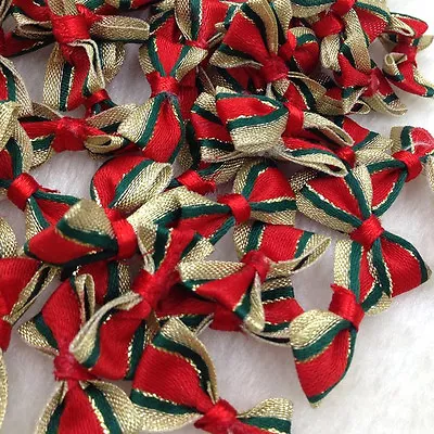 40pcs Satin Ribbon Flowers Bows Christmas Red W/ Gold Edge Appliques A292 • £3.18