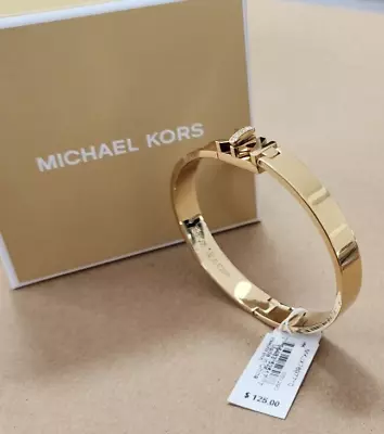 Michael Kors Yellow Gold Tone Bangle Bracelet Crystal Accents Logo $125 New Box • $65