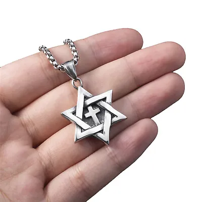 Star Of David Messianic Cross Men's Solid Stainless Steel Pendant Necklace Chain • $12.99