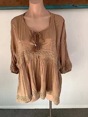 Odd Molly One Size Fits All Peasant Style Gypsy Coffee Colored Embroidery Top • $51.50