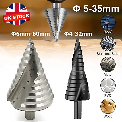 HSS 6-60MM Spiral Step Cone Drill Bit Metal Hole Cutter Titanium Nitride Coat UK • £8