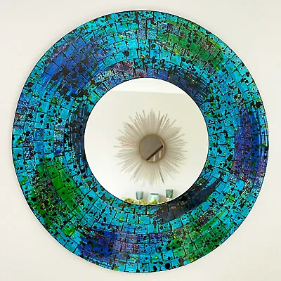 Round Mosaic Wall Mirror Teal Blue & Green Glass Unique Handmade Craft Gift Art  • £22.99