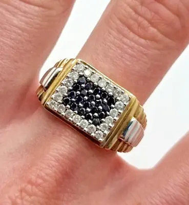 9ct Gold Ring Black & White Diamond Signet Uk Ring Size X 1/2 - 9ct Yellow Gold • $774.12