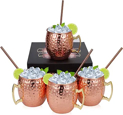 4 Copper Hammered Moscow Mule Mugs Drinking Cup Straws Great Dining Bar Gift Set • $27.67