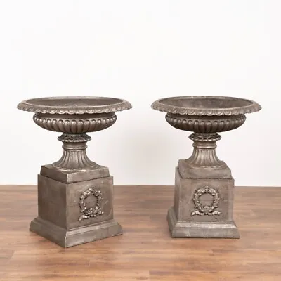 Pair Mid 20th Century Cast Iron Planting Urns Resting On Square Plinth • $4675