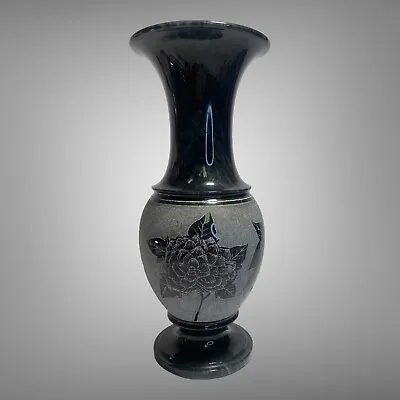 Vintage Black Onyx Marble Stone Vase Etched Heavy 8.5” Fluted • $10