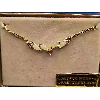 Vintage Van Doran Genuine Ruby And Opal Pendant Necklace 18  Goldtone Chain • $23.80