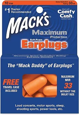 Mack’s Maximum Protection Soft Foam Earplugs 10 Pair SNR 33dB • £6.99